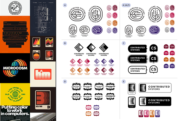 Sketches of multiple logos, moodboards and mind maps.