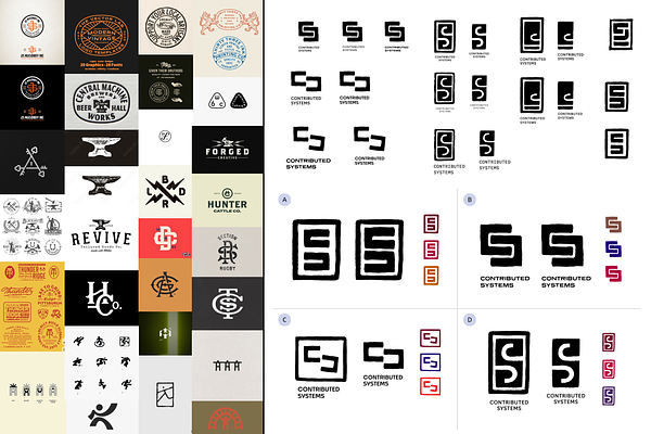 Screenshots of sketches of multiple logos, moodboards and mind maps.