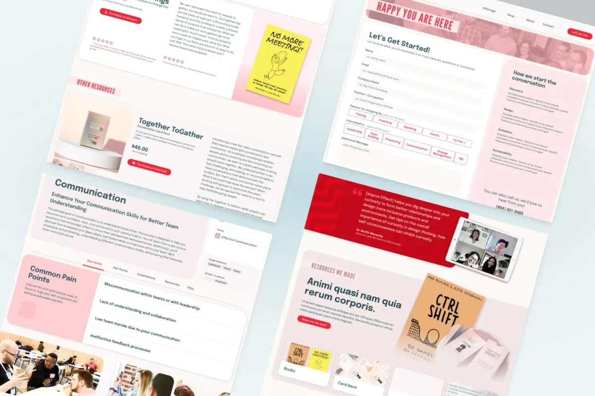 Interior pages of The Improv Effect website showing resources, communication workshops, and a contact form. Sections include product listings like "Together ToGather" card deck, a communication training program with common pain points, and a âLetâs Get Startedâ inquiry form.