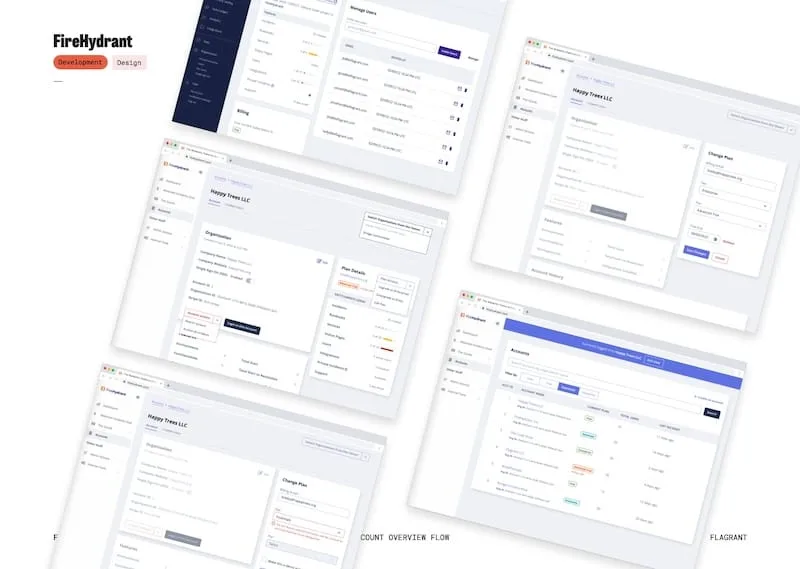 Multiple screen shots displaying a redesigned front-end of FireHydrant's admin interface
