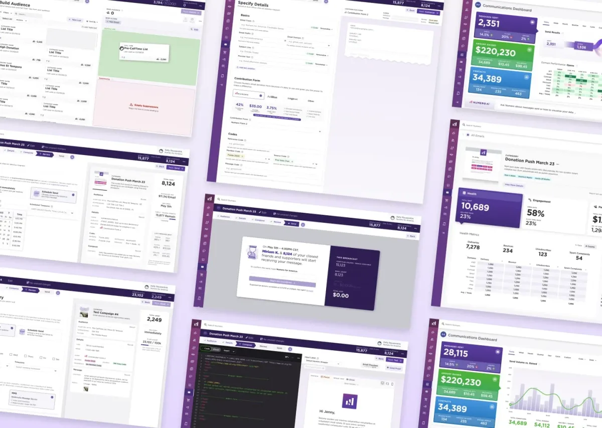 Multiple screen shots displaying Numero's comm center user flow