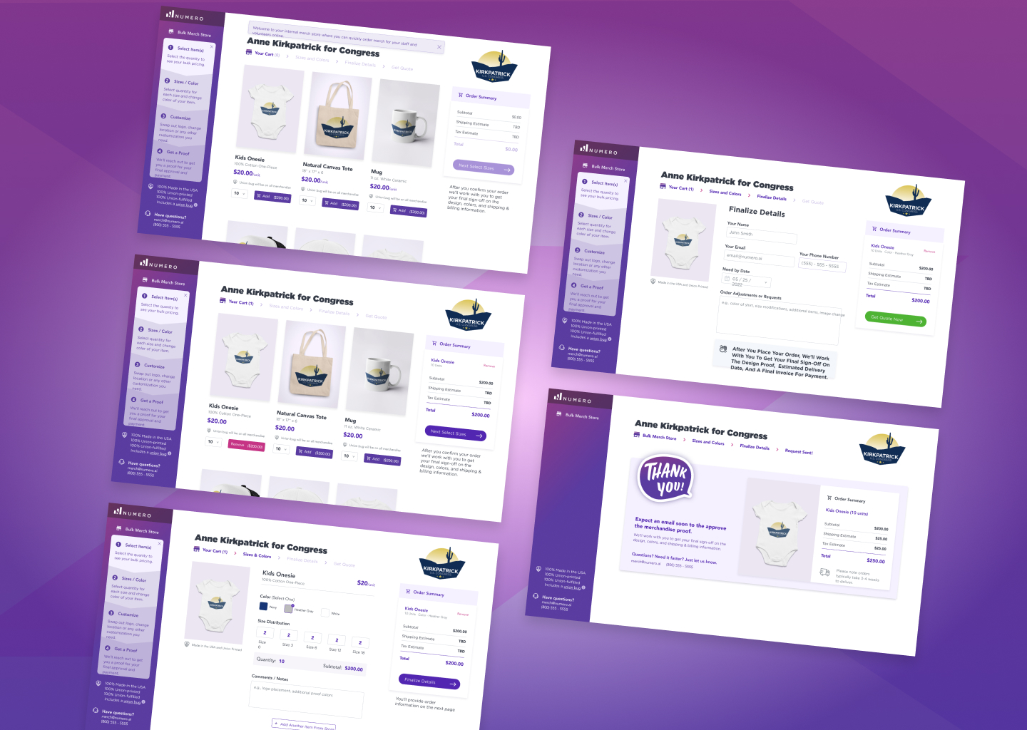 Multiple screen shots displaying a designed ecommerce flows creating candidate swag items.