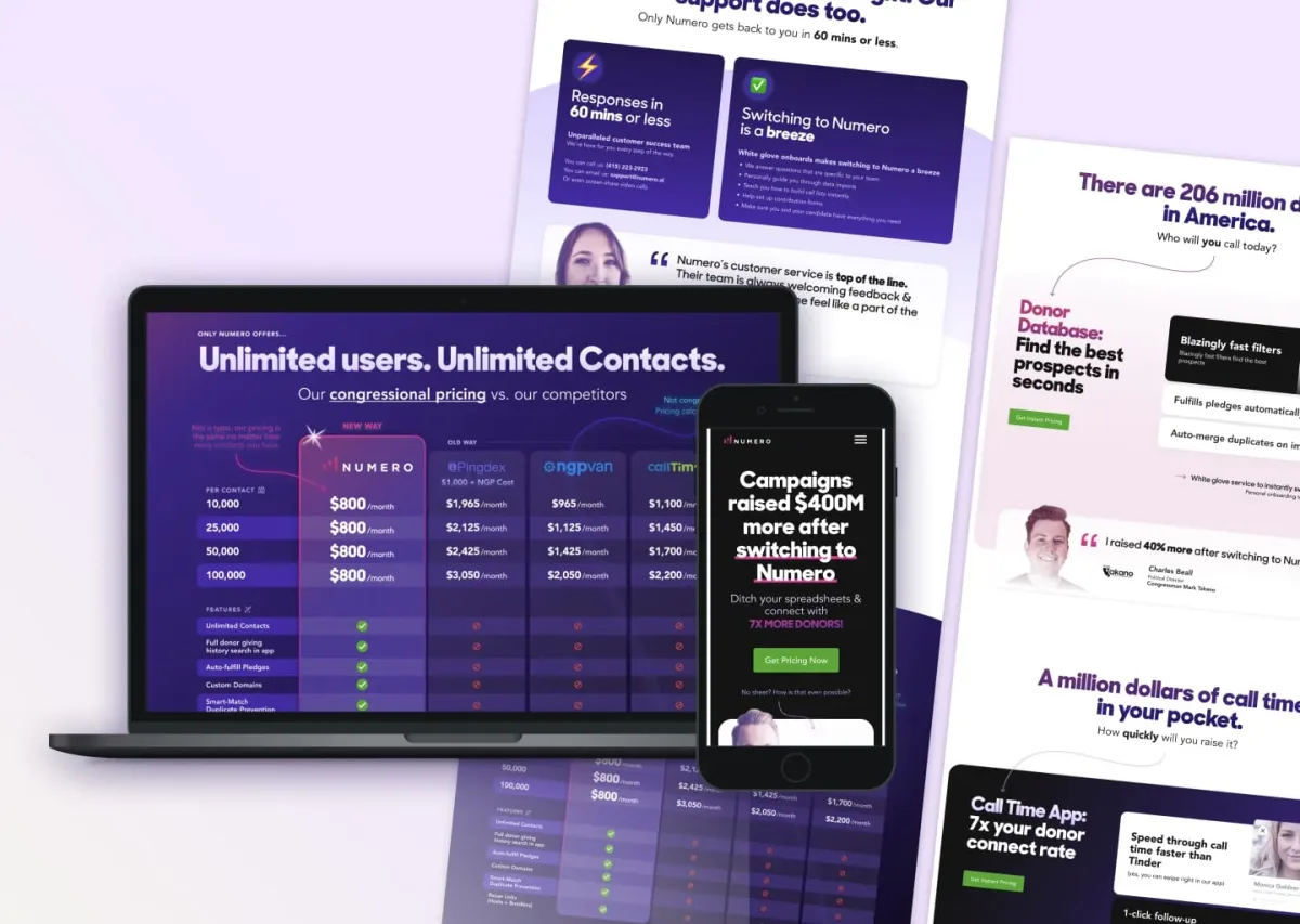 A few screens that show Numeros marketing homepage design