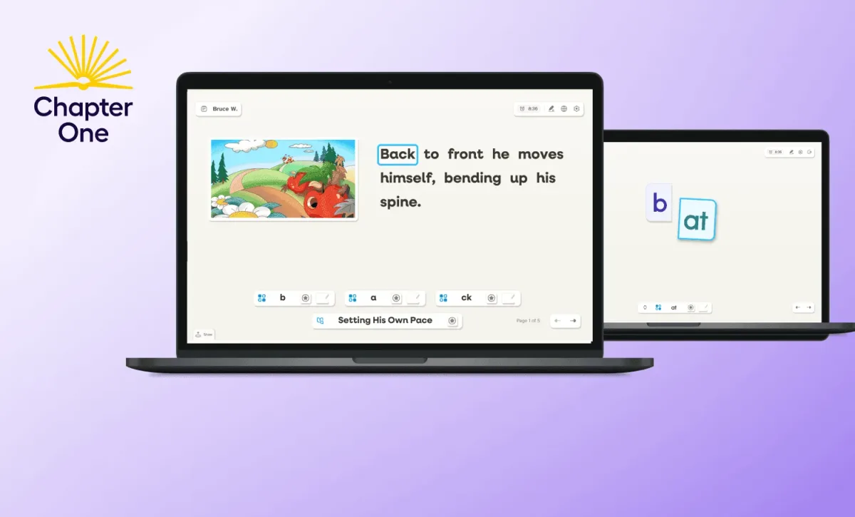 The Chapter One logo appears in the upper left on a purple background. Thereâs a laptop showing the instruction appâs story view with an illustration and sentences from an early reading exercise.