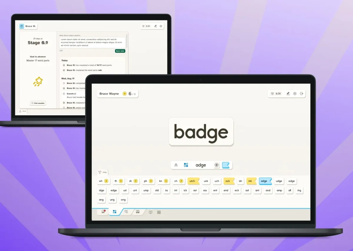 On the laptop screen in front, the Chapter One app shows the word âbadge,â with a drawer below that contains other words and word parts. The laptop screen in back has a dialog open showing the studentâs reading level, an activity log, and an area where instructors can leave notes.