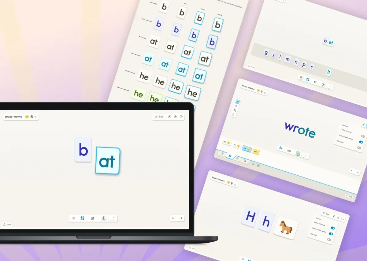 The word parts âbâ and âatâ appear as colorful blocks on a laptop screen showing Chapter Oneâs app. Behind the laptop are several other screen designs displayed as a grid across a purple background. They show word building activities, color-coded words, and an illustration of a horse paired with the letter âH.â