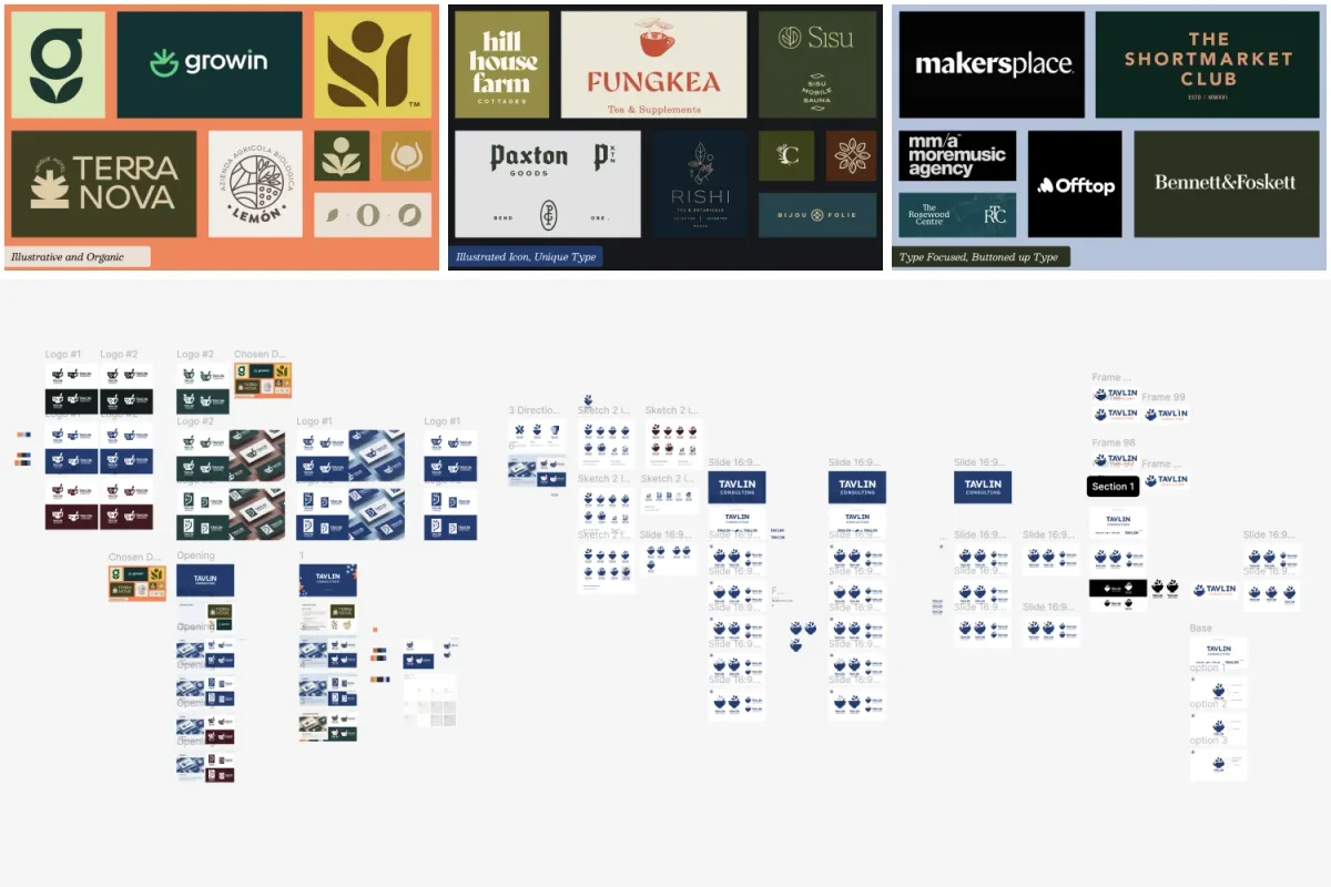 Screenshot of 3 mood boards and a Figma file full of logo iterations