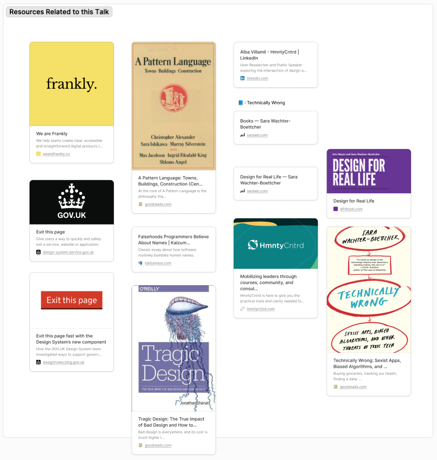 A section of the FigJam board labeled Resources Related to this Talk has thumbnails of book covers and articles that link to resources mentioned in the corresponding Clarity Conf talk.