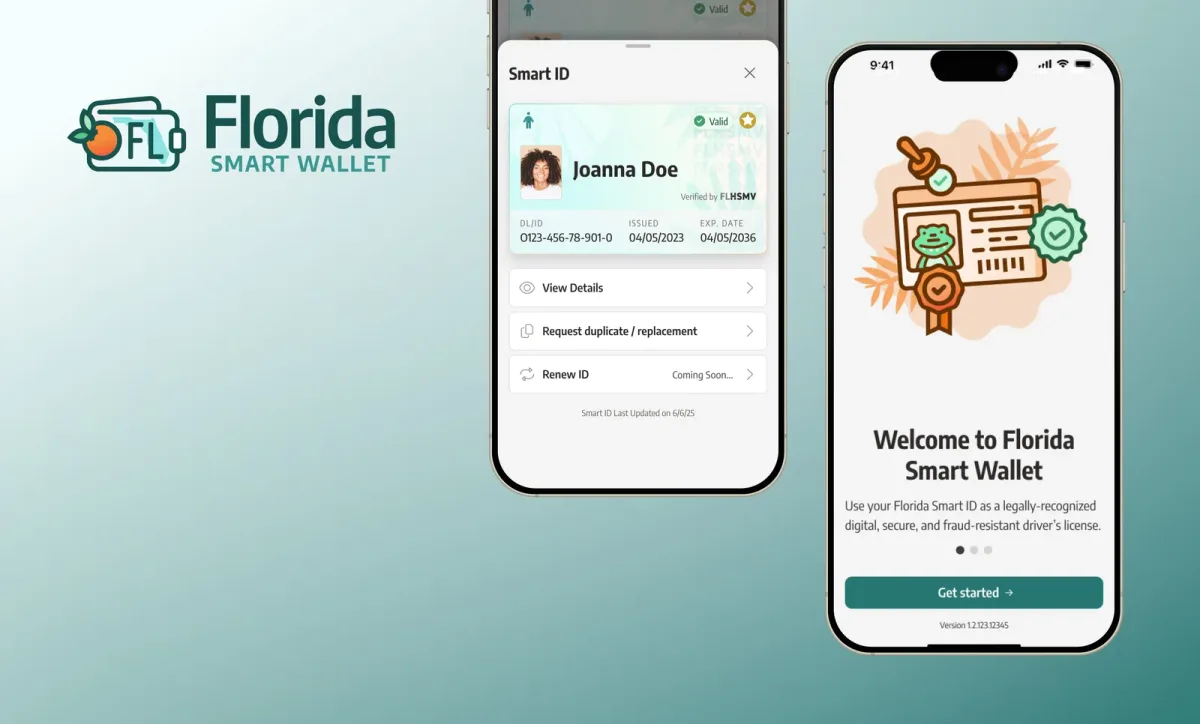 The Florida Smart Wallet logo appears in the upper left on a teal gradient background. Thereâs a phone showing a mobile license and another phone to the right showing a welcome illustration and a few sentences introducing the Florida Smart Wallet.