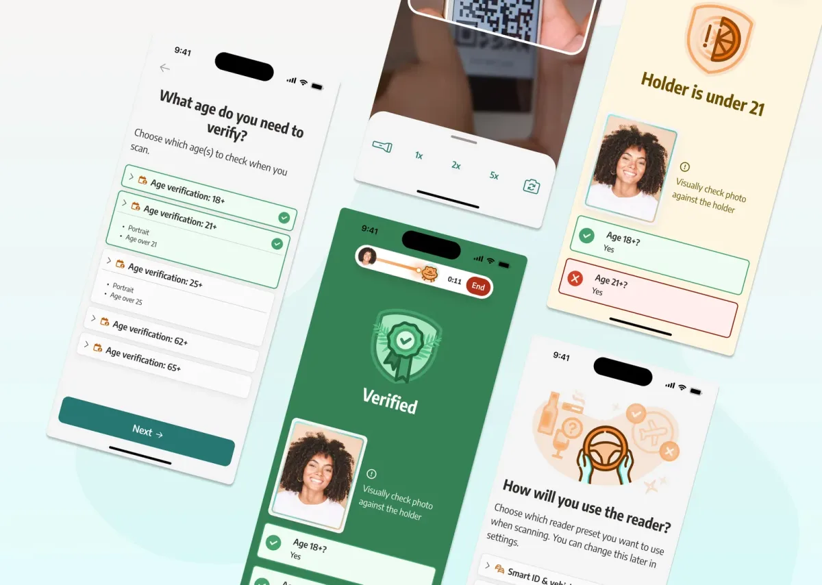 Array of Florida Smart Wallet reader screens on top of a teal background including age verification, credentials selection, and reader instructions.