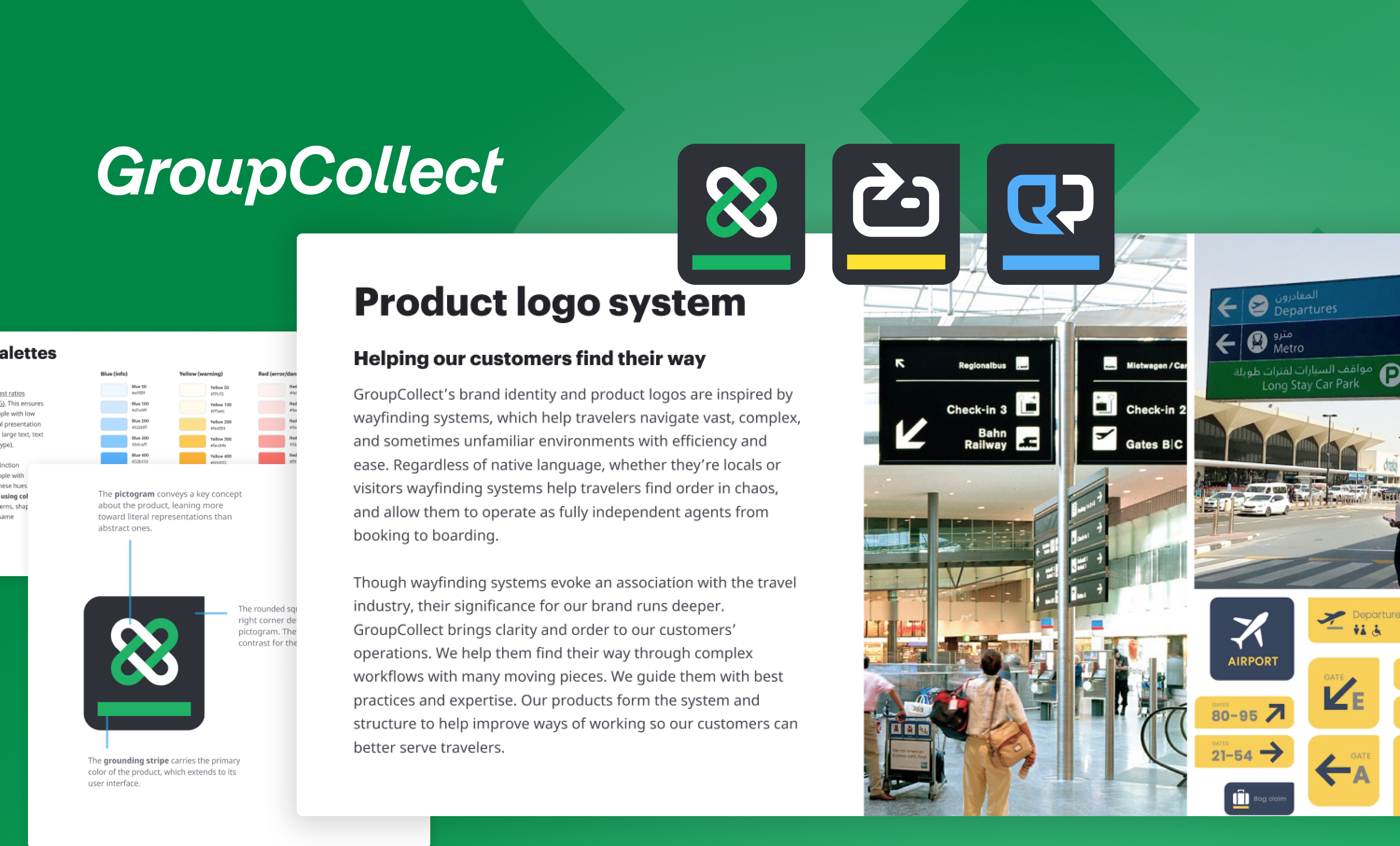 The GroupCollect logotype appears next to 3 logomarks designed for each product in GroupCollect's suite of applications. Below logos, several pages from the brand guidelines show guidance for the product logo system, an accessible color palette, and guidance on creating product logomarks.