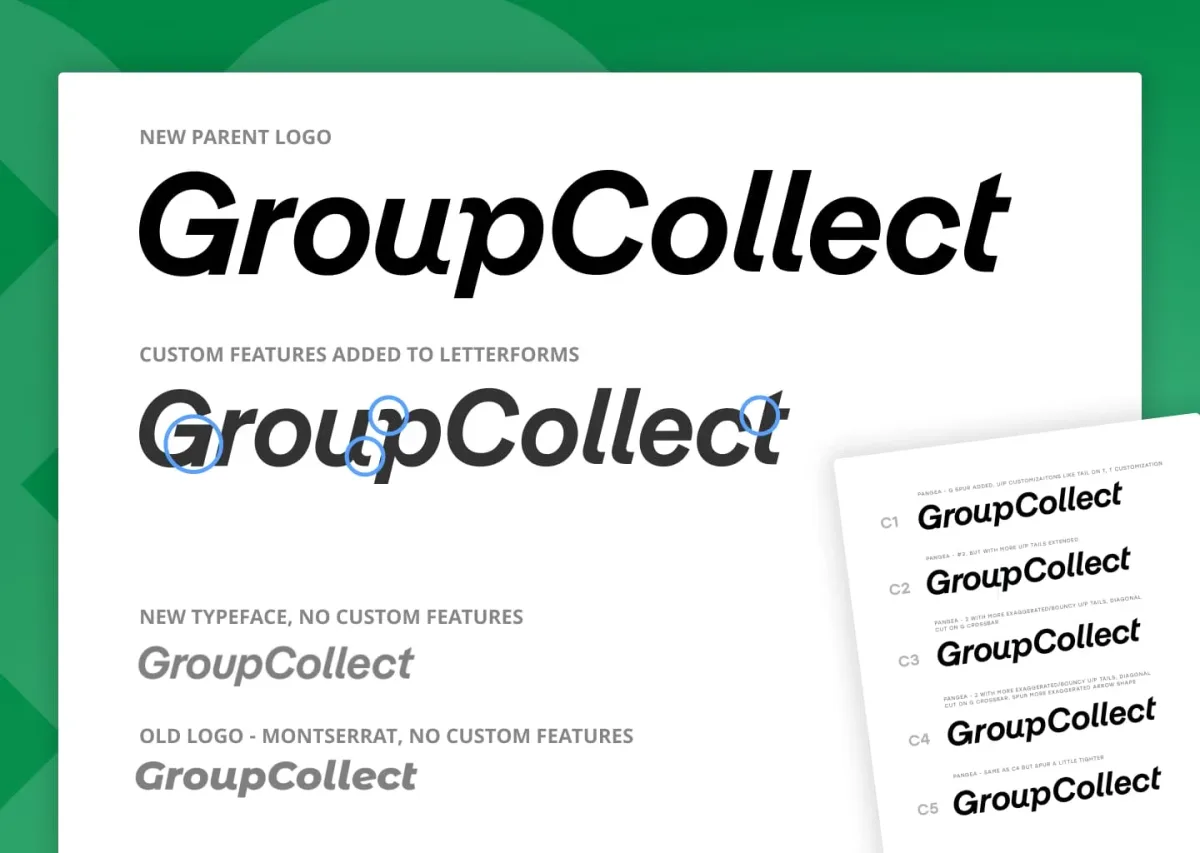 The new GroupCollect parent brand logo appears in black at the top. On the next row the same logo shows with blue circles around certain features of the letterforms that were customized, along with other iterations and design experimentation for the parent logo.