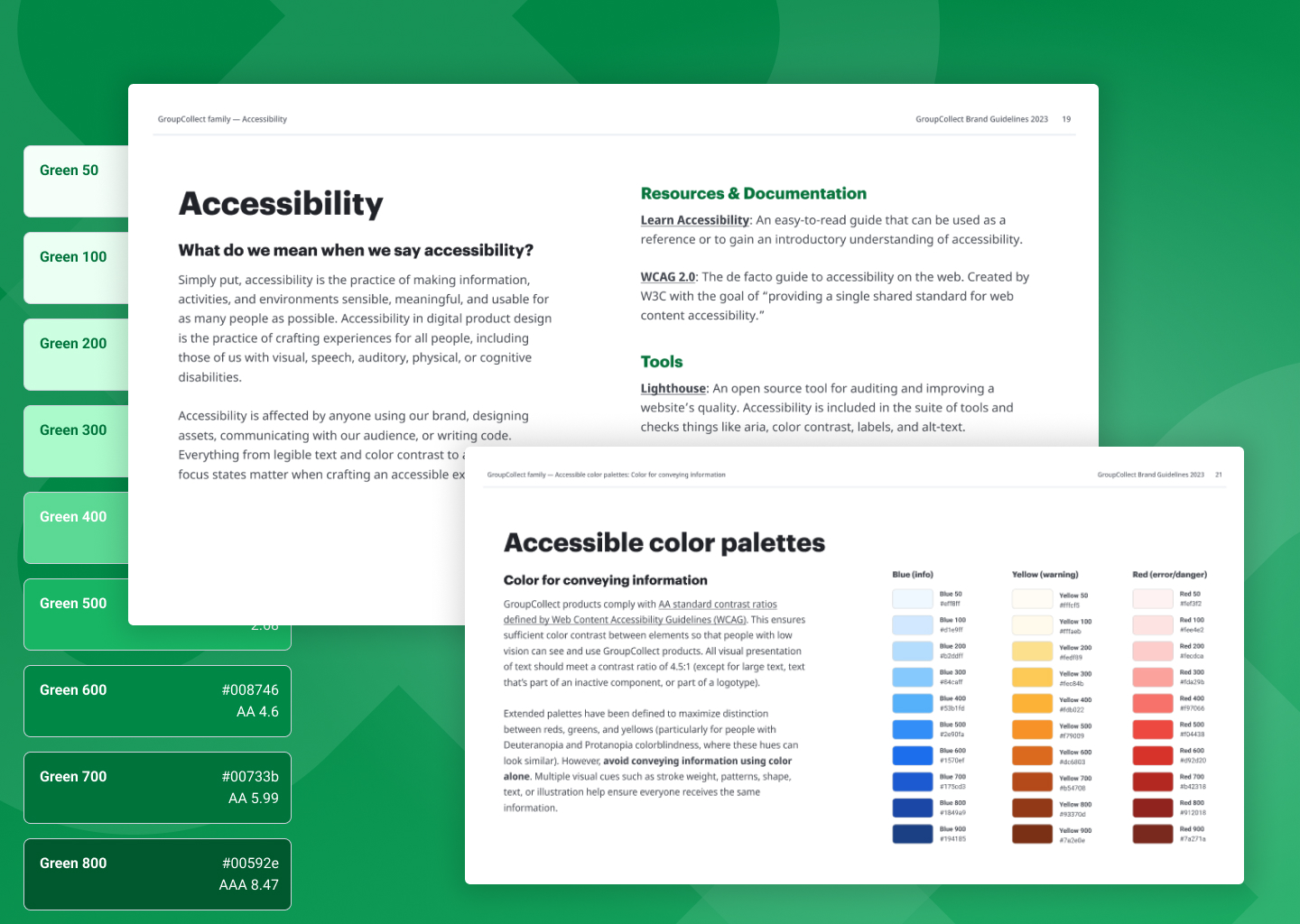 Pages from GroupCollect's brand guidelines on accessibility tools, accessible color palettes, with a 9-swatch green color palette that appears behind them.