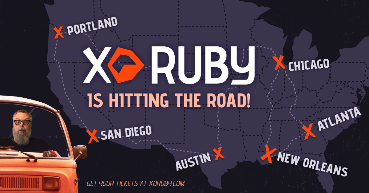 Its an illustration showing the map of the usa with 6 points showing city names, Portland, San Diego, Chicago, Austin, Atlanta, and New Orleans. On the left is a VW bus with Jim Remsik in it with a surprised expression on his face. The title text says XO Ruby is hitting the road. get your tickets at xoruby.com