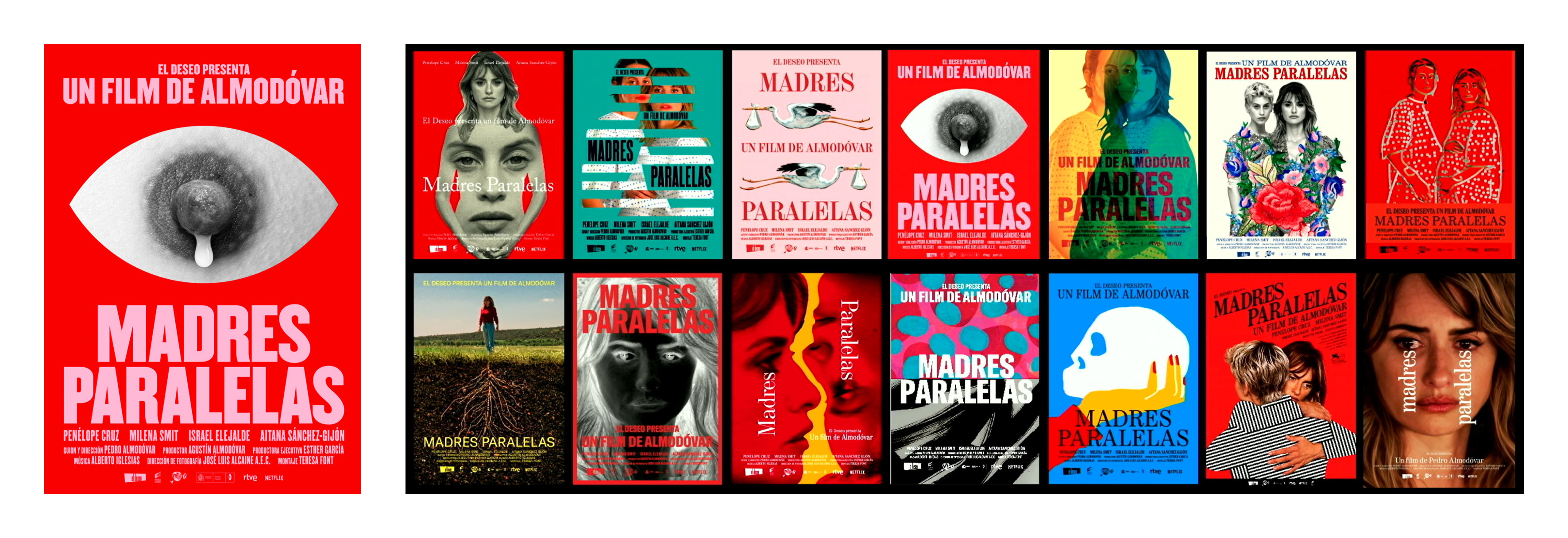 Collection of images of poster designs for the film "Madres Paralelas" featuring images of two women