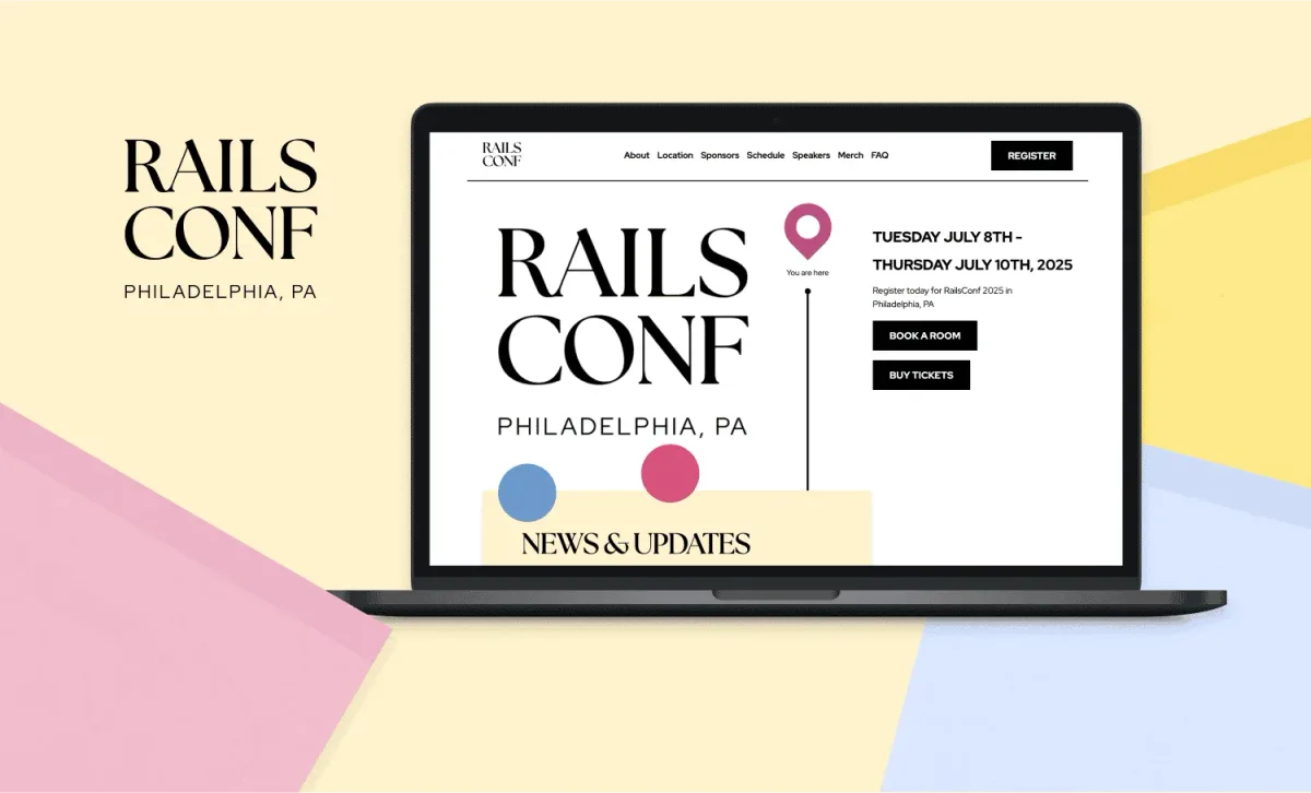 The RailsConf 2025 logo with mockups of the RailsConf 2025 homepage website on a laptop and phone laid out on top of each other to the right of it.
