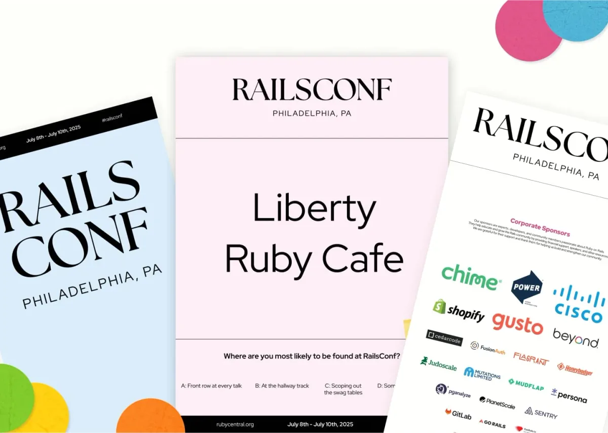 Snippets of RailConf conference wayfinding and sponsorship.