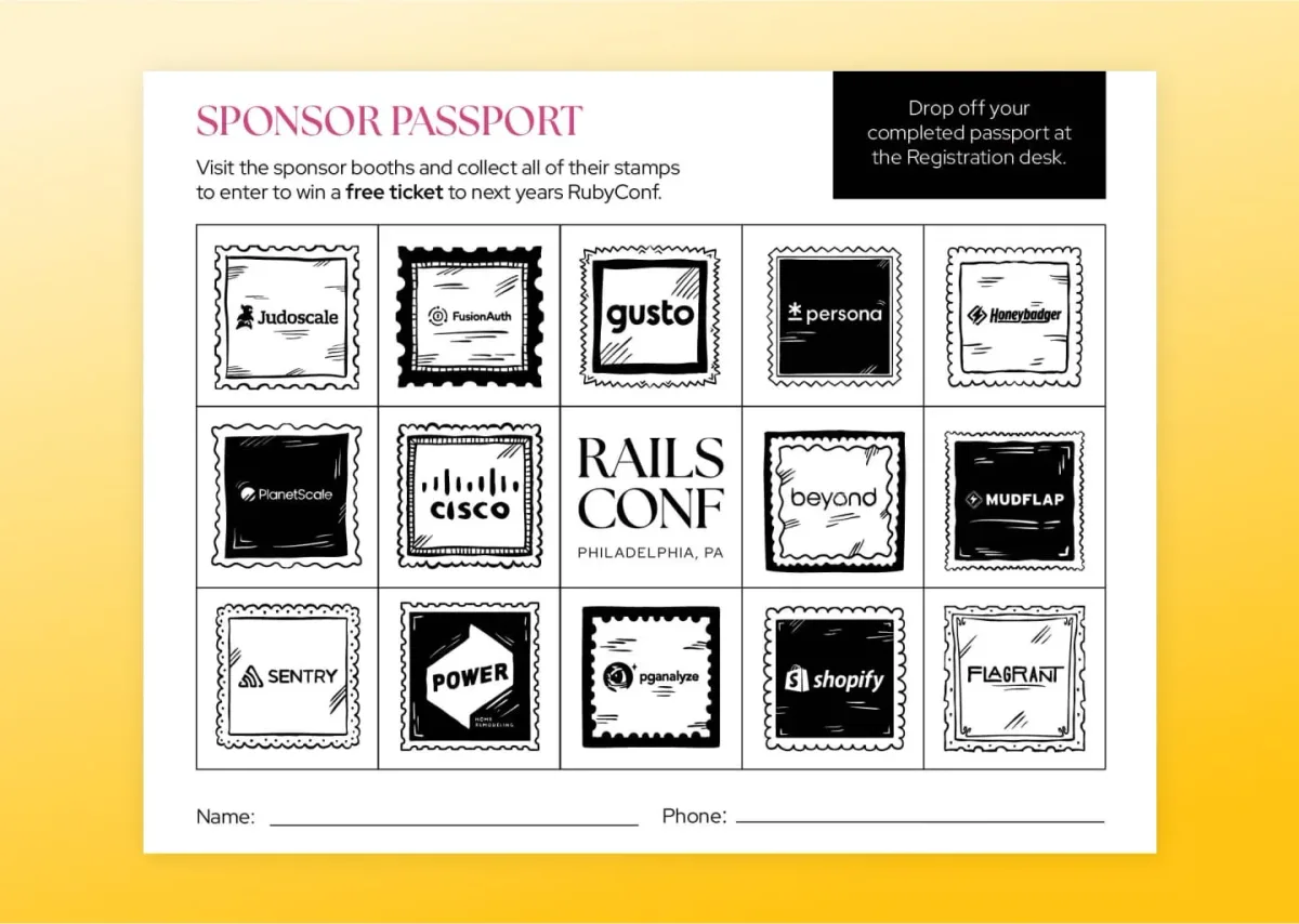 A passport of hand-drawn postage stamps of various sponsor booths at RailsConfs that attendees could gather to win a free ticket to next yearâs RubyConf.
