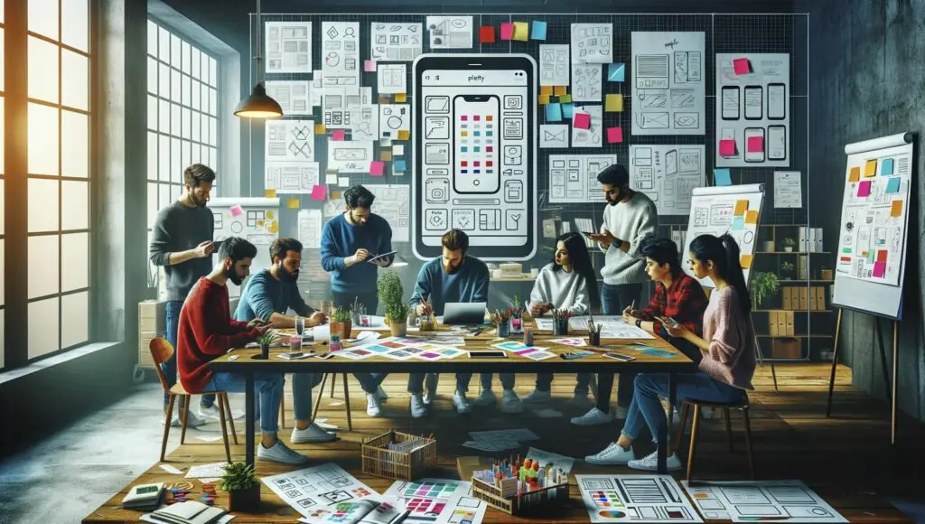 A photograph of a room full of people around a table with posters with sticky notes behind them.