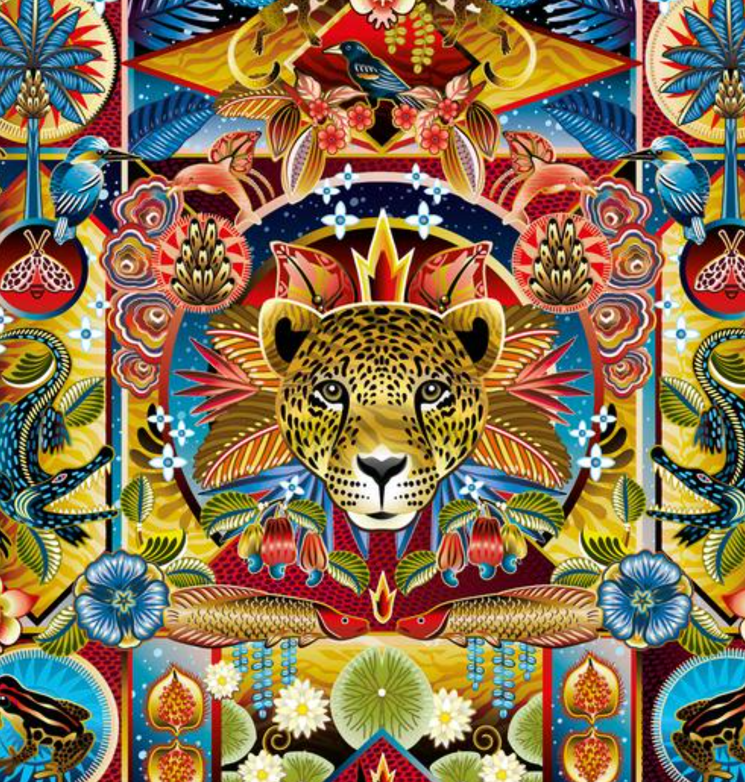 A symmetrical design of flowers, birds, alligators, insects and assorted plants surrounding a leopard. 