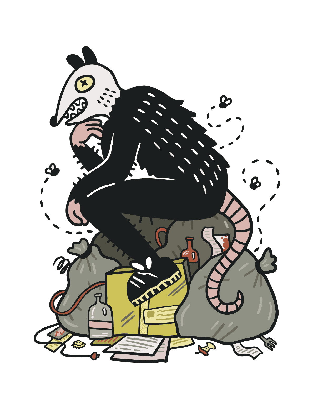 The Stinker Illustrated possom on a pile of trash