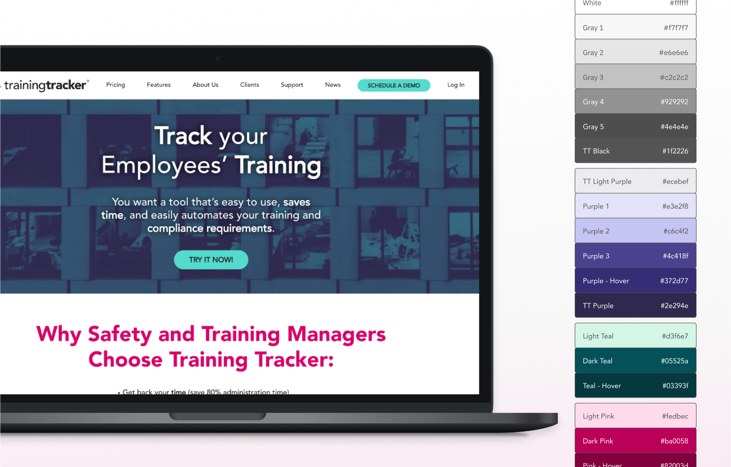 Training Tracker landing page on a laptop, with an accessible color palette to the right