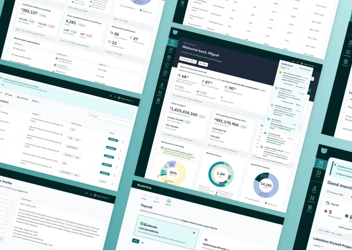 Multiple screen designs from Unifocalâs clickable prototype, including tabular data and some data visualizations representing a construction projectâs progress toward compliance goals.