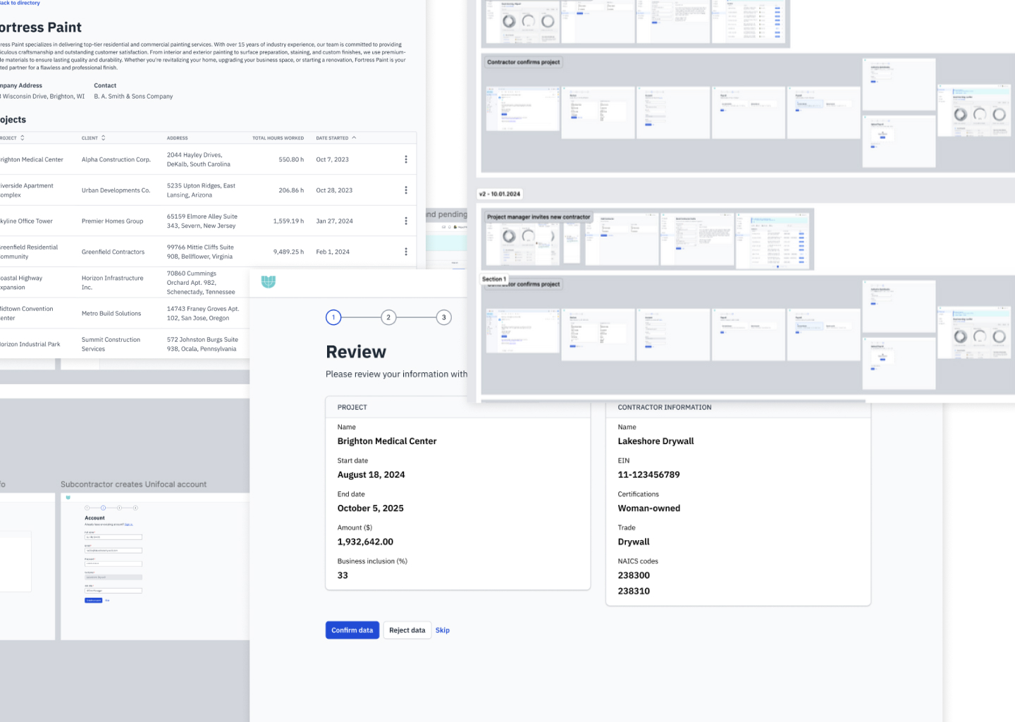 An array of Unifocal wireframes in grayscale that were created to convey initial designs for inviting a contractor, viewing the dashboard, and managing contractor information.