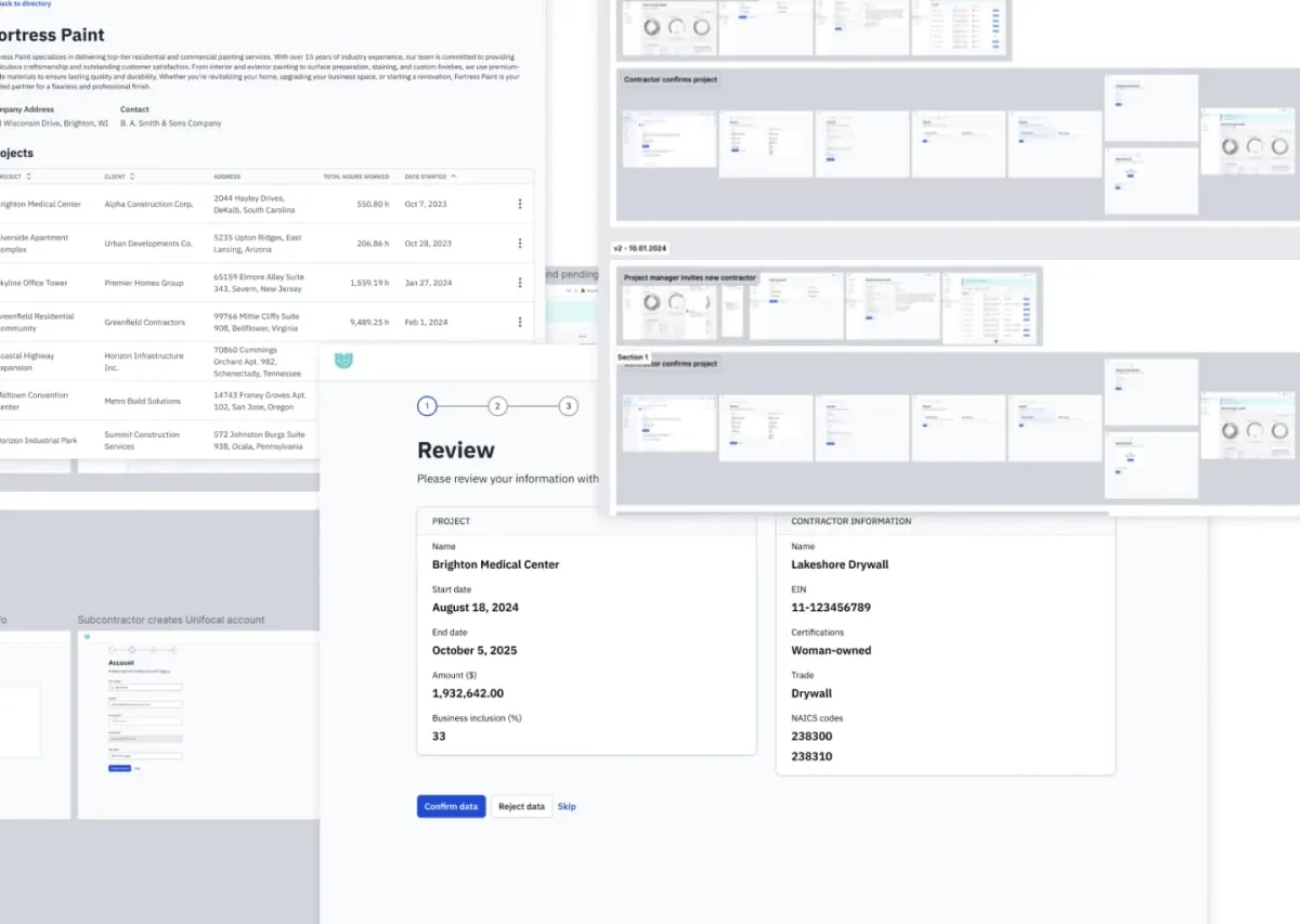 An array of Unifocal wireframes in grayscale that were created to convey initial designs for inviting a contractor, viewing the dashboard, and managing contractor information.