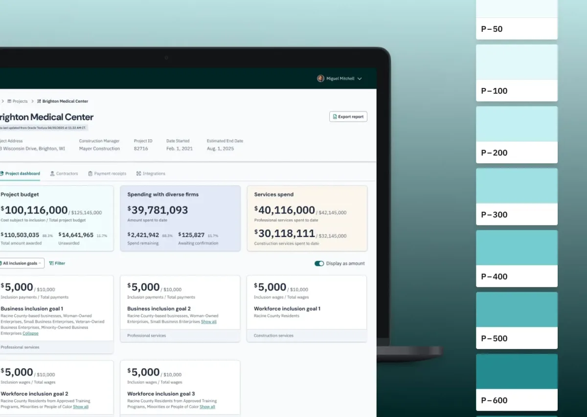 Cropped Unifocal dashboard screen of project and inclusion goals next to a turquoise palette used for the Unifocal product.