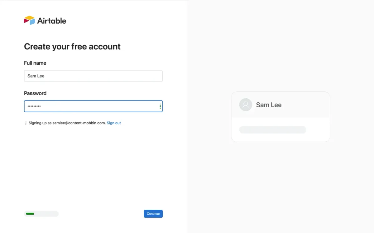 Signup page for Airtable shows on the left side of the page, the Airtable logo alongside a heading to create your free account and fields to fill in your name and password. On the right side of the page, there's a live preview of a user card filled in with the name added to the account.