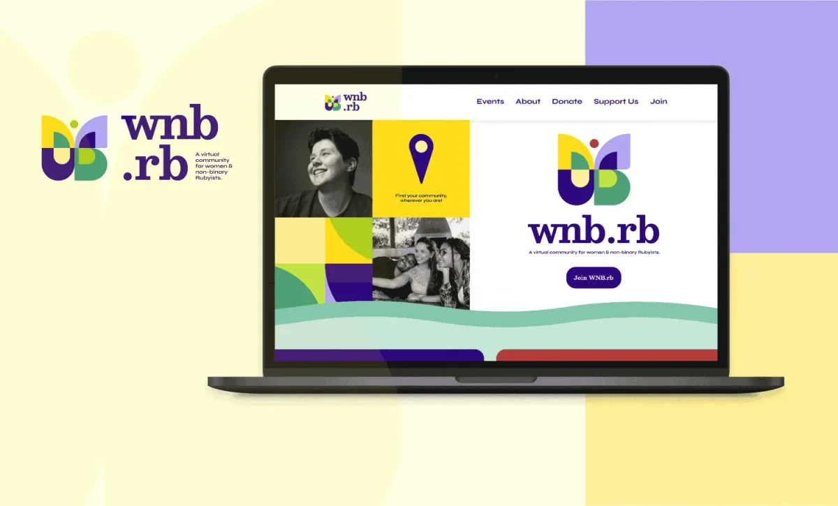 The new WNB.rb logo to the left of a laptop mockup of the rebranded WNB.rb marketing website homepage.