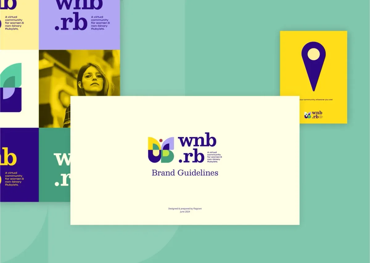The new WNB.rb logo overlaid on top of a gridded color palette for updated WNB.rb brand colors as well as a poster for WNB.rb.