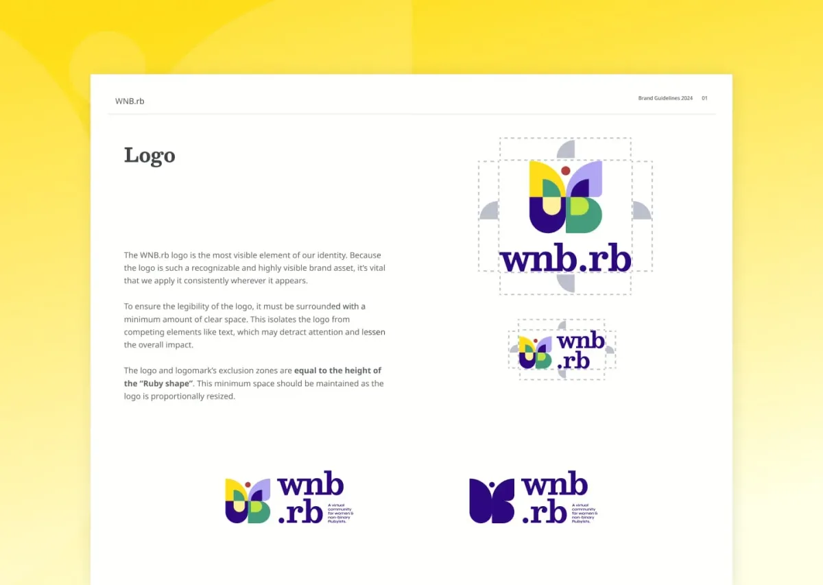 A page from the WNB.rb style guide showing the proper clearspace for the WNB.rb logo alongside horizontal lockups and color options.